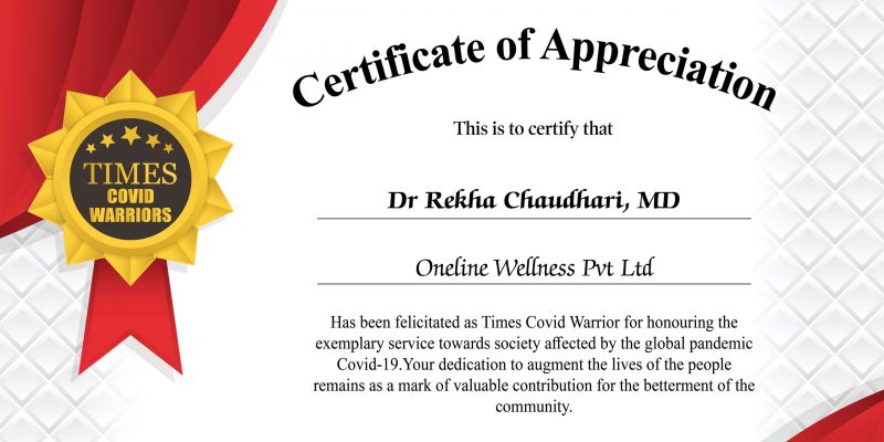 Times Covid Warriors Certificate_Dr Rekha Chaudhari, MD